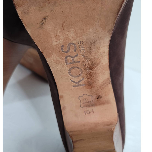 Michael Kors Open Toes Brown Heels Size 10M GENUINE All LEATHER SHOES Wood Heel - Picture 7 of 7